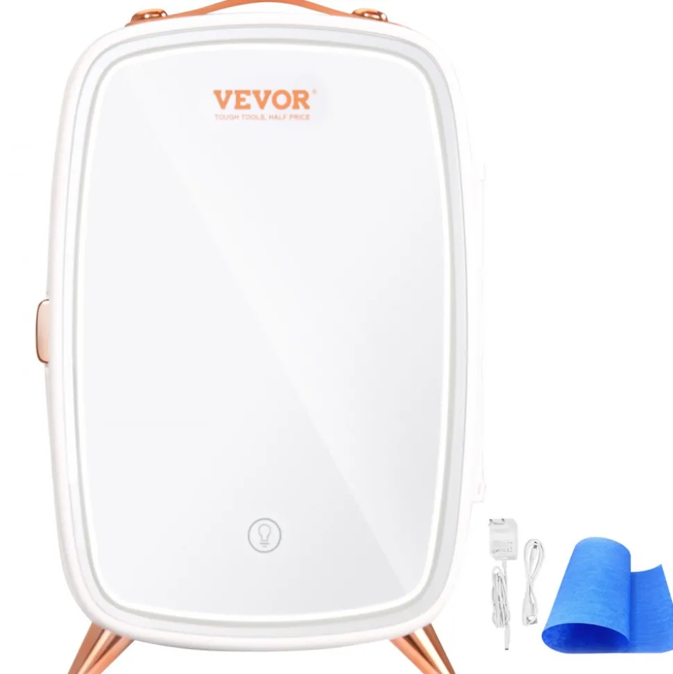 Vevor Mini Fridge for Bedroom, 6L Luxury Skin Care Fridges with Mirror and LED Light, AC/DC Cosmetic Fridge for Office Dorm Car, Small Makeup Refrigerator for Beauty Face Mask Beverage Chill, White