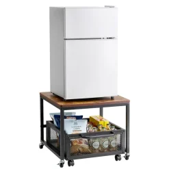 VEVOR Mini Fridge Stand with Storage, 198 lbs Mini Fridge Table with Movable Storage Cart & Swivel Wheels, Beverage Refrigerator Stand for Coffee Bar, Mini Fridge Organizer for Home Dorm, Light Brown