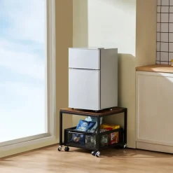 VEVOR Mini Fridge Stand with Storage, 198 lbs Mini Fridge Table with Movable Storage Cart & Swivel Wheels, Beverage Refrigerator Stand for Coffee Bar, Mini Fridge Organizer for Home Dorm, Light Brown