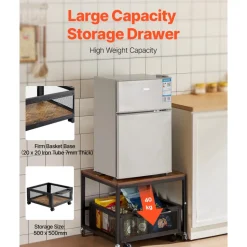 VEVOR Mini Fridge Stand with Storage, 198 lbs Mini Fridge Table with Movable Storage Cart & Swivel Wheels, Beverage Refrigerator Stand for Coffee Bar, Mini Fridge Organizer for Home Dorm, Light Brown