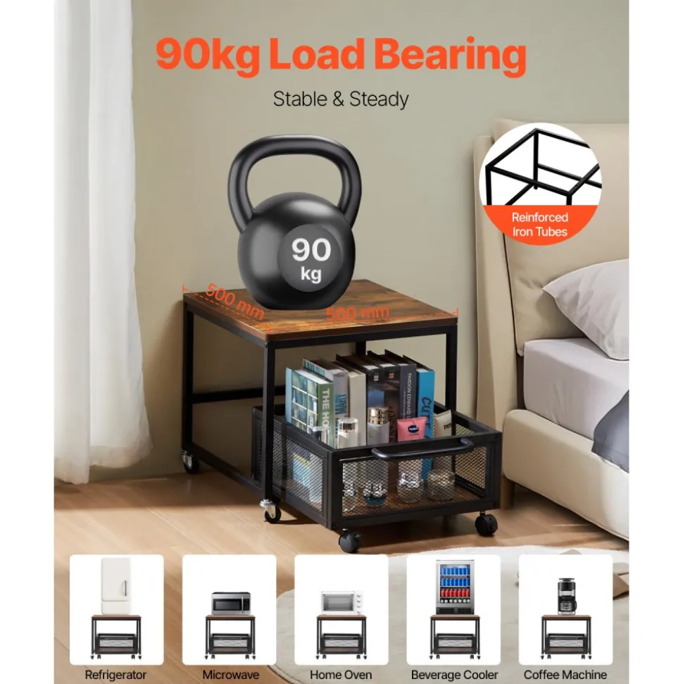 VEVOR Mini Fridge Stand with Storage, 198 lbs Mini Fridge Table with Movable Storage Cart & Swivel Wheels, Beverage Refrigerator Stand for Coffee Bar, Mini Fridge Organizer for Home Dorm, Light Brown