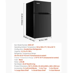 VEVOR Mini Fridge with Freezer, 3.2 Cu.Ft, Two Door Compact Refrigerator, Adjustable Temperature, Shelf, Energy Efficient Small Fridge, Reversible Door, Low Noise, for Bedroom, Dorm, Office, Black