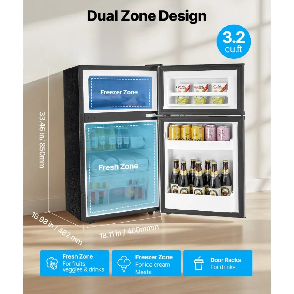 VEVOR Mini Fridge with Freezer, 3.2 Cu.Ft, Two Door Compact Refrigerator, Adjustable Temperature, Shelf, Energy Efficient Small Fridge, Reversible Door, Low Noise, for Bedroom, Dorm, Office, Black