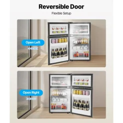VEVOR Mini Fridge with Freezer, 3.2 Cu.Ft, Two Door Compact Refrigerator, Adjustable Temperature, Shelf, Energy Efficient Small Fridge, Reversible Door, Low Noise, for Bedroom, Dorm, Office, Black