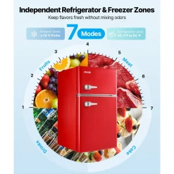 VEVOR Mini Fridge with Freezer, 3.2 Cu.Ft, Two Door Compact Refrigerator with Adjustable Temperature, Glass Shelf, Energy Efficient Dorm Fridge, Low Noise Small Refrigerator, for Bedroom, Office, Red
