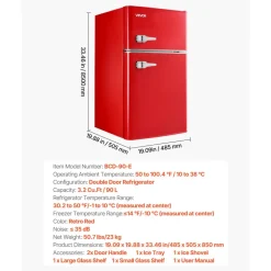 VEVOR Mini Fridge with Freezer, 3.2 Cu.Ft, Two Door Compact Refrigerator with Adjustable Temperature, Glass Shelf, Energy Efficient Dorm Fridge, Low Noise Small Refrigerator, for Bedroom, Office, Red