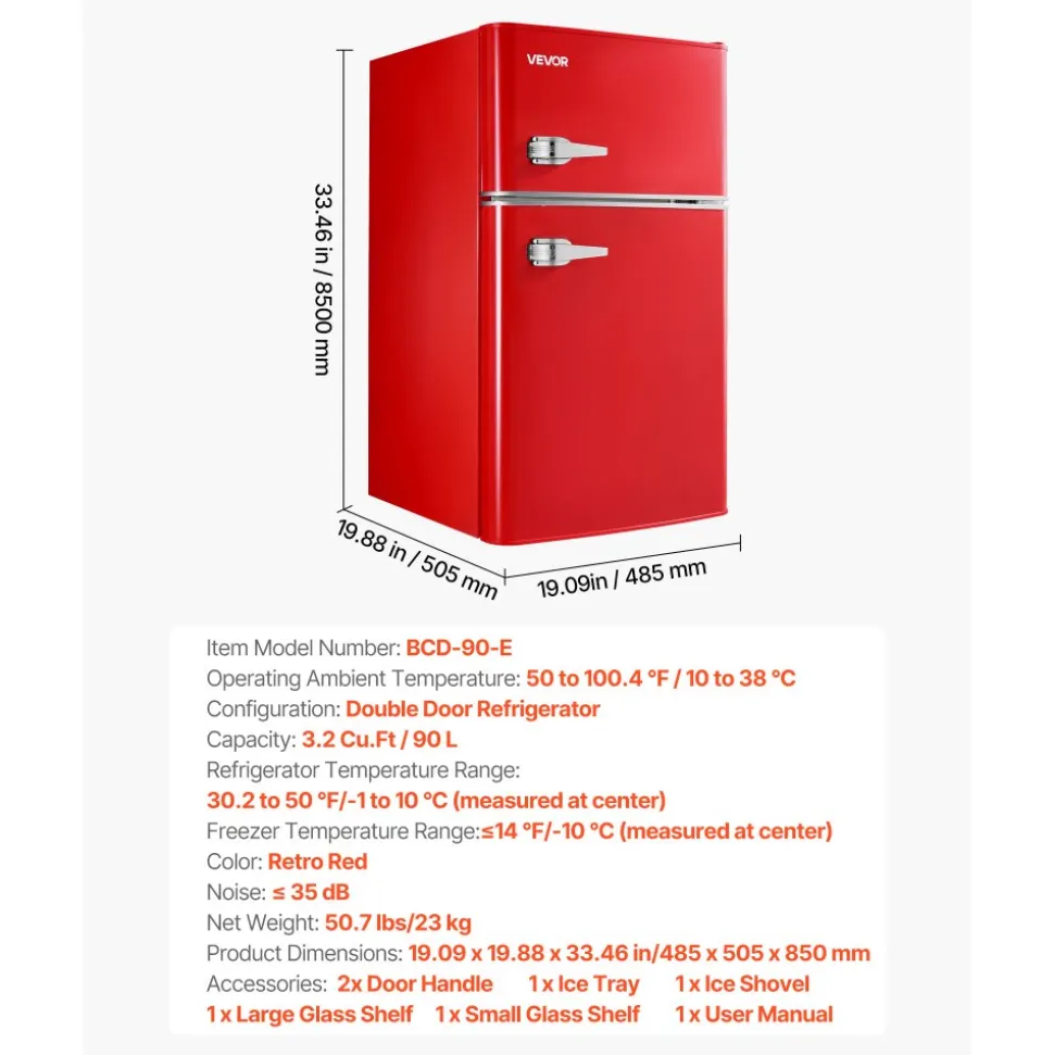 VEVOR Mini Fridge with Freezer, 3.2 Cu.Ft, Two Door Compact Refrigerator with Adjustable Temperature, Glass Shelf, Energy Efficient Dorm Fridge, Low Noise Small Refrigerator, for Bedroom, Office, Red
