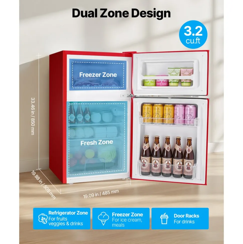 VEVOR Mini Fridge with Freezer, 3.2 Cu.Ft, Two Door Compact Refrigerator with Adjustable Temperature, Glass Shelf, Energy Efficient Dorm Fridge, Low Noise Small Refrigerator, for Bedroom, Office, Red