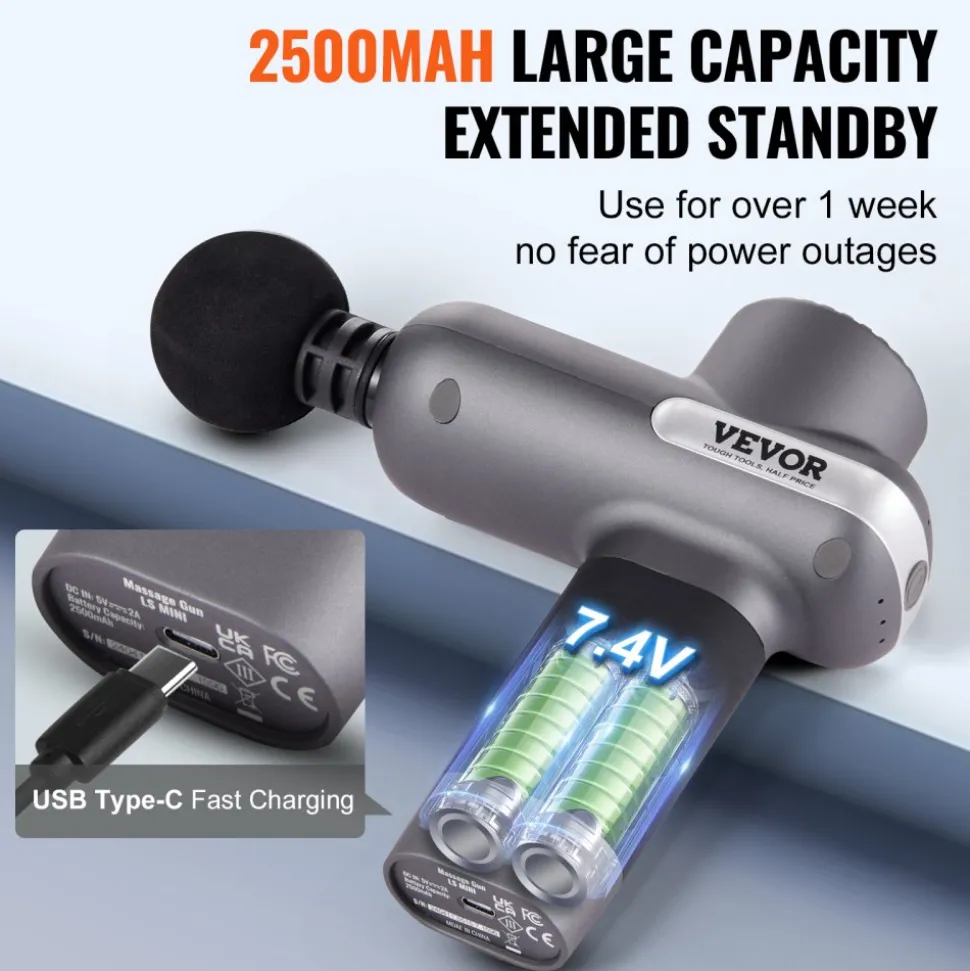 VEVOR Mini Massage Gun, Percussion Muscle Massage Gun for Athletes - with 5 Speed Levels & 6 Massage Heads, 7.4V 2500mAh Batteries, Handheld Small Massage Gun for Pain Relief, Muscle Relaxation
