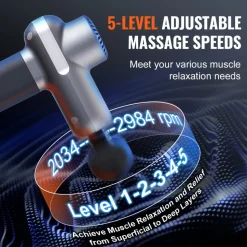 VEVOR Mini Massage Gun, Percussion Muscle Massage Gun for Athletes - with 5 Speed Levels & 6 Massage Heads, 7.4V 2500mAh Batteries, Handheld Small Massage Gun for Pain Relief, Muscle Relaxation