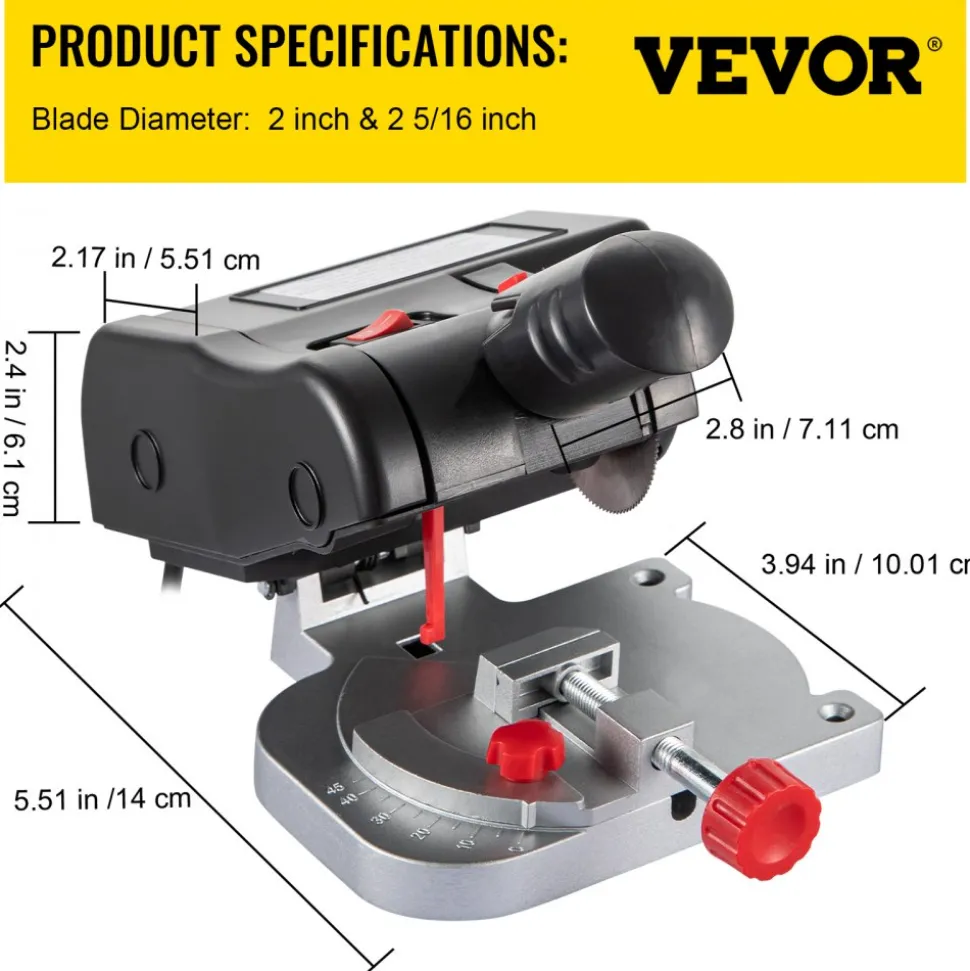 VEVOR Mini Miter Cut-off Chop Saw, Two 2-5/16" Blade of Steel and Resin with 1/2inch Cutting Depth, 0-45° Benchtop Miter Saw for Copper, Aluminum, Wood, Zinc in Hobby Craft