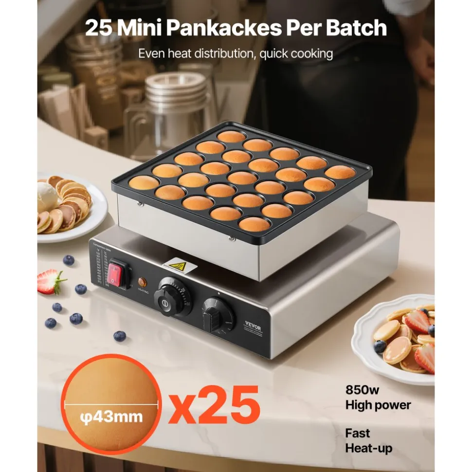 VEVOR Mini Pancake Maker, 25PCS 43mm Diameter Dutch Muffin Waffle Baker, Non-stick Stainless Steel Poffertjes Grill, Commercial Electric Dorayaki Machine, Temp & Time Control, Home Kitchen Restaurant