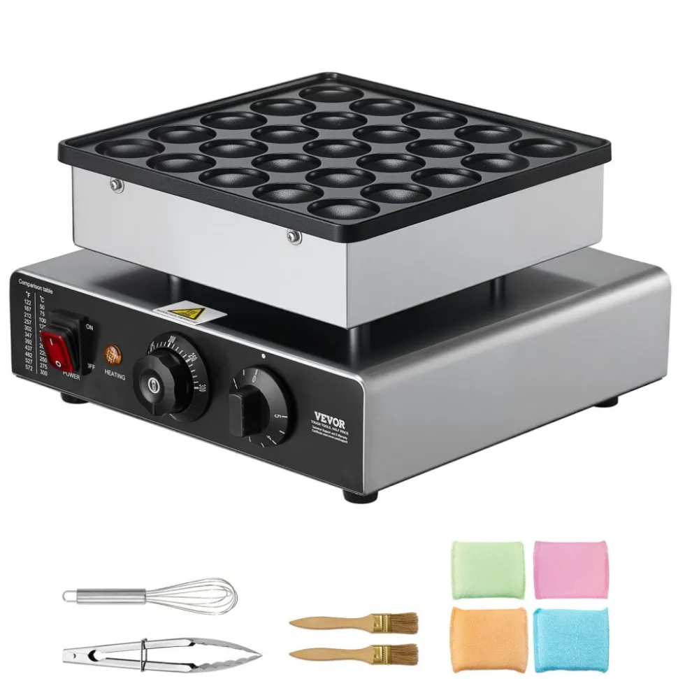 VEVOR Mini Pancake Maker, 25PCS 43mm Diameter Dutch Muffin Waffle Baker, Non-stick Stainless Steel Poffertjes Grill, Commercial Electric Dorayaki Machine, Temp & Time Control, Home Kitchen Restaurant