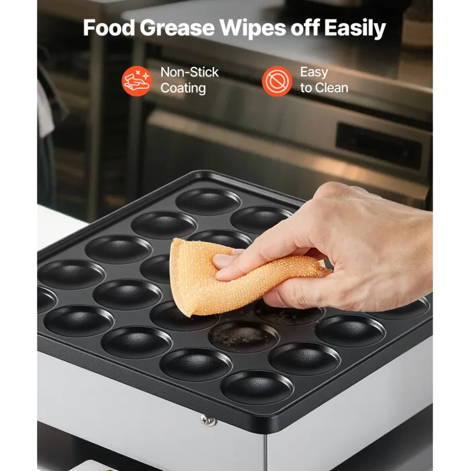 VEVOR Mini Pancake Maker, 25PCS 43mm Diameter Dutch Muffin Waffle Baker, Non-stick Stainless Steel Poffertjes Grill, Commercial Electric Dorayaki Machine, Temp & Time Control, Home Kitchen Restaurant