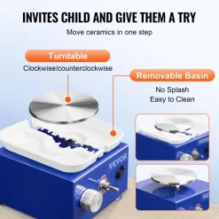VEVOR Mini Pottery Wheel, for Kids or Beginners, 2 Turntables 2.6in/3.9in Ceramic Wheel Machine, Adjustable 0-300RPM Speed ABS Detachable Basin, 17 Pottery Accessories, Work Art Craft DIY, 30W, Blue