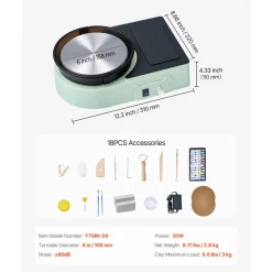 VEVOR Mini Pottery Wheel, 6 inch Turntable, Forward and Reverse Rotation, Adjustable Speed, Electric Clay Wheel for Kids and Adults, with Clay Shaping Tools, for Home DIY, Pottery Classes, Green