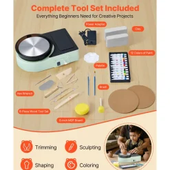 VEVOR Mini Pottery Wheel, 6 inch Turntable, Forward and Reverse Rotation, Adjustable Speed, Electric Clay Wheel for Kids and Adults, with Clay Shaping Tools, for Home DIY, Pottery Classes, Green
