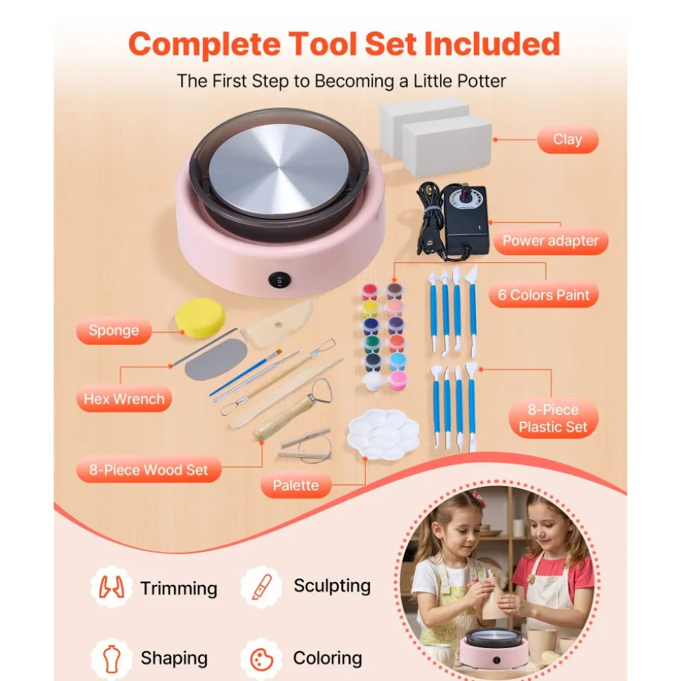 VEVOR Mini Pottery Wheel, 6 inch Turntable, Forward and Reverse Rotation, Adjustable Speed, Electric Clay Wheel for Kids and Beginners, with Shaping Tools, for Home DIY, Pottery Classes, Pink