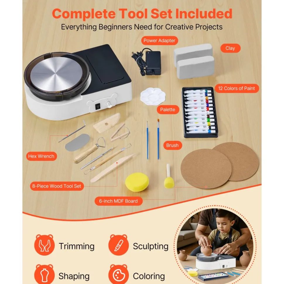 VEVOR Mini Pottery Wheel, 6 inch Turntable, Forward and Reverse Rotation, Adjustable Speed, Electric Clay Wheel for Kids and Adults, with Clay Shaping Tools, for Home DIY, Pottery Classes, White
