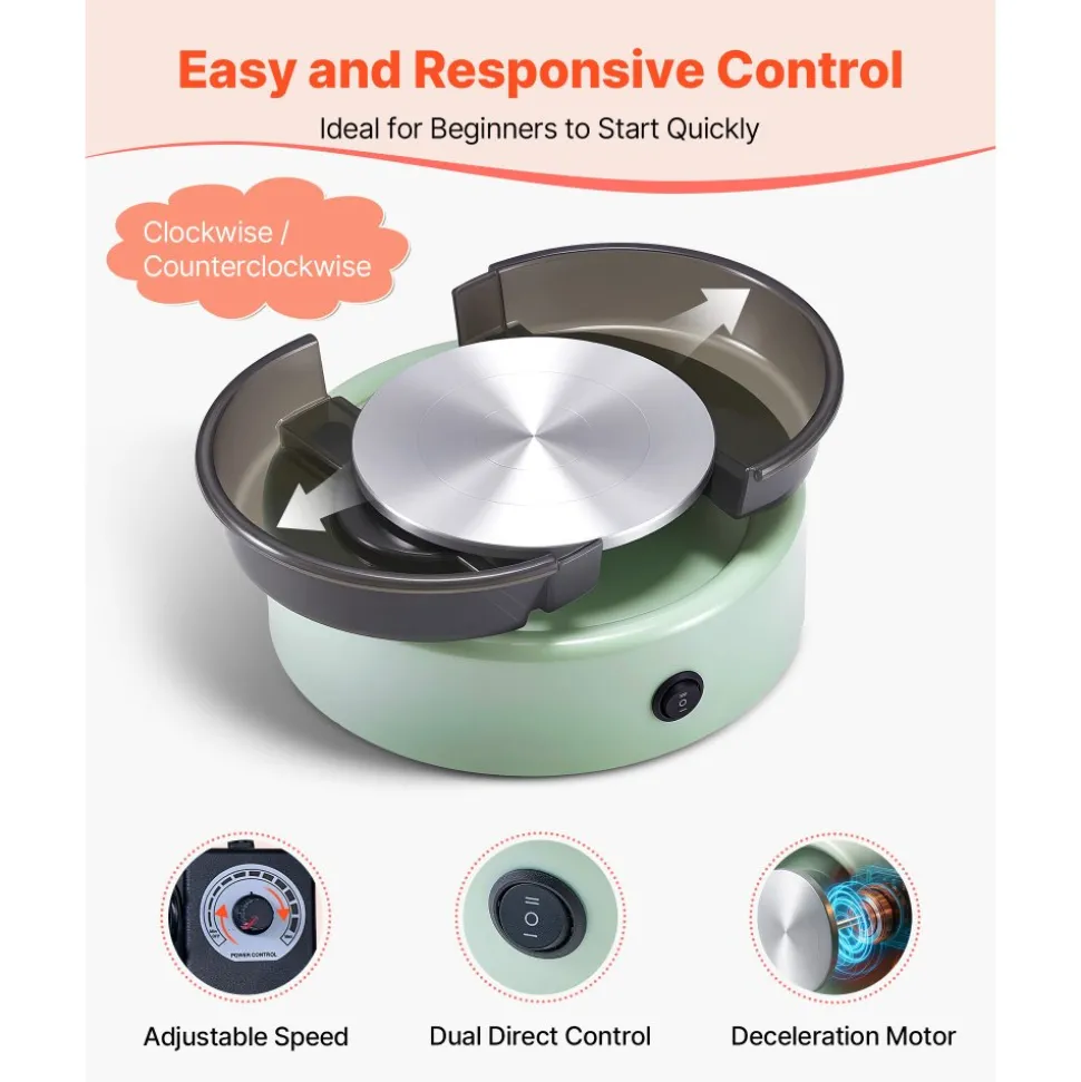 VEVOR Mini Pottery Wheel, 6 inch Turntable, Forward and Reverse Rotation, Adjustable Speed, Electric Clay Wheel for Kids and Beginners, with Shaping Tools, for Home DIY, Pottery Classes, Green