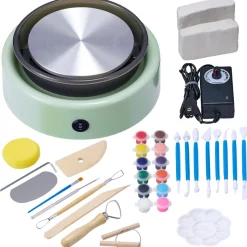 VEVOR Mini Pottery Wheel, 6 inch Turntable, Forward and Reverse Rotation, Adjustable Speed, Electric Clay Wheel for Kids and Beginners, with Shaping Tools, for Home DIY, Pottery Classes, Green