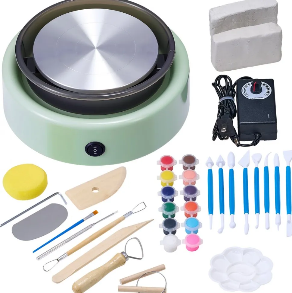 VEVOR Mini Pottery Wheel, 6 inch Turntable, Forward and Reverse Rotation, Adjustable Speed, Electric Clay Wheel for Kids and Beginners, with Shaping Tools, for Home DIY, Pottery Classes, Green