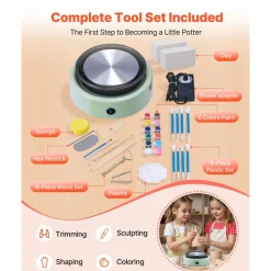 VEVOR Mini Pottery Wheel, 6 inch Turntable, Forward and Reverse Rotation, Adjustable Speed, Electric Clay Wheel for Kids and Beginners, with Shaping Tools, for Home DIY, Pottery Classes, Green