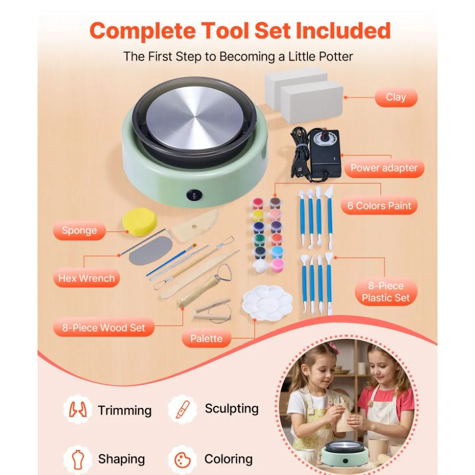 VEVOR Mini Pottery Wheel, 6 inch Turntable, Forward and Reverse Rotation, Adjustable Speed, Electric Clay Wheel for Kids and Beginners, with Shaping Tools, for Home DIY, Pottery Classes, Green