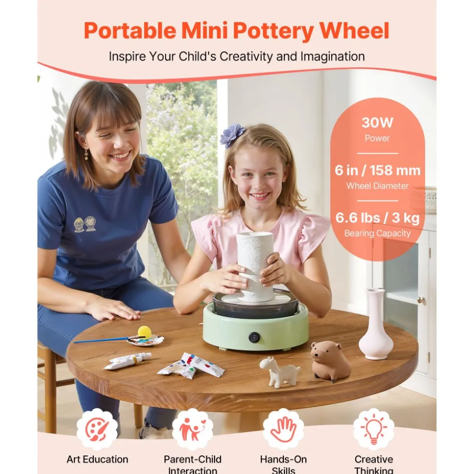 VEVOR Mini Pottery Wheel, 6 inch Turntable, Forward and Reverse Rotation, Adjustable Speed, Electric Clay Wheel for Kids and Beginners, with Shaping Tools, for Home DIY, Pottery Classes, Green