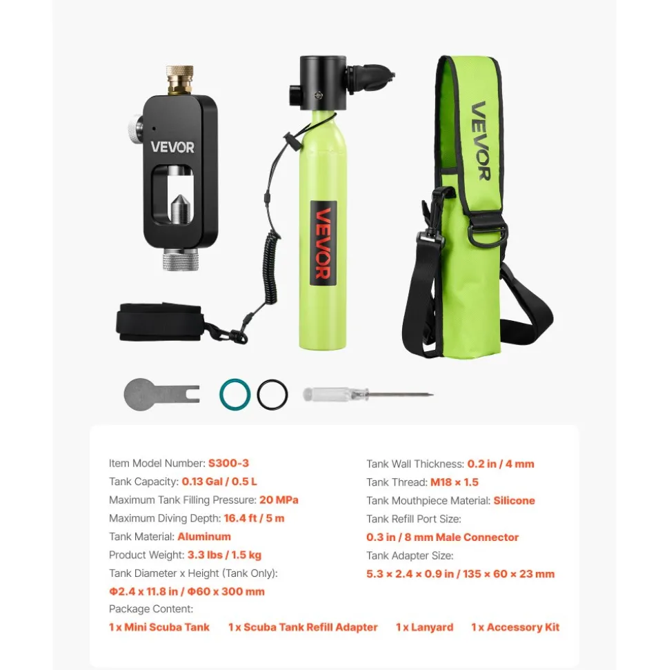 VEVOR Mini Scuba Tank, 1L Portable Diving Tank for Underwater Breathing, Reusable Lung Diving Cylinder up to 20 Minutes Dive Time, Emergency Rescue Pony Bottle with Adapter & Goggles for Snorkeling