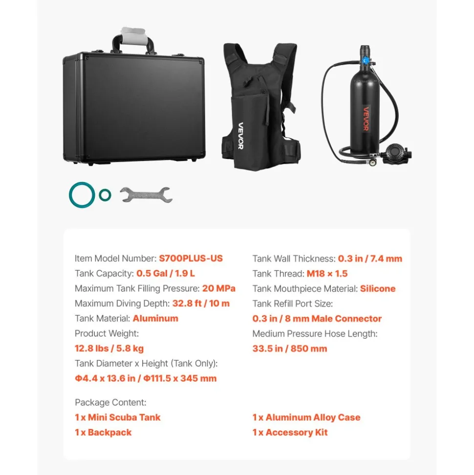 VEVOR Mini Scuba Tank, 1.9L Portable Diving Tank for Underwater Breathing, Reusable Lung Diving Cylinder up to 35 Minutes Dive Time, Emergency Rescue Pony Bottle with Backpack & Case for Snorkeling