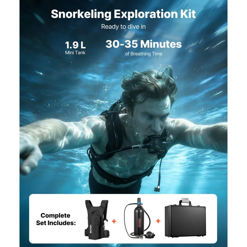 VEVOR Mini Scuba Tank, 1.9L Portable Diving Tank for Underwater Breathing, Reusable Lung Diving Cylinder up to 35 Minutes Dive Time, Emergency Rescue Pony Bottle with Backpack & Case for Snorkeling