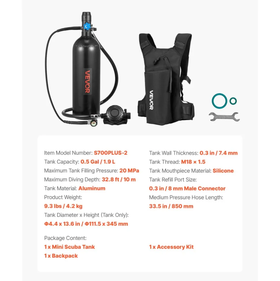 VEVOR Mini Scuba Tank, 1.9L Portable Small Diving Tank for Underwater Breathing, Reusable Lung Diving Cylinder up to 35 Minutes Dive Time, Emergency Rescue Pony Bottle with Backpack for Snorkeling