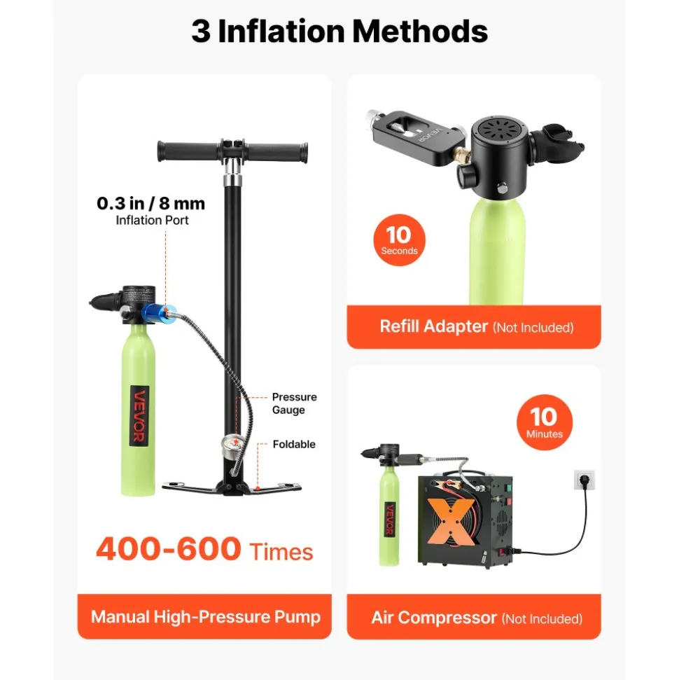 VEVOR Mini Scuba Tank, 0.5L Portable Diving Tank for Underwater Breathing, Reusable Lung Diving Cylinder up to 10 Minutes Dive Time, Emergency Rescue Pony Bottle with Pump, Bag, Lanyard for Snorkeling
