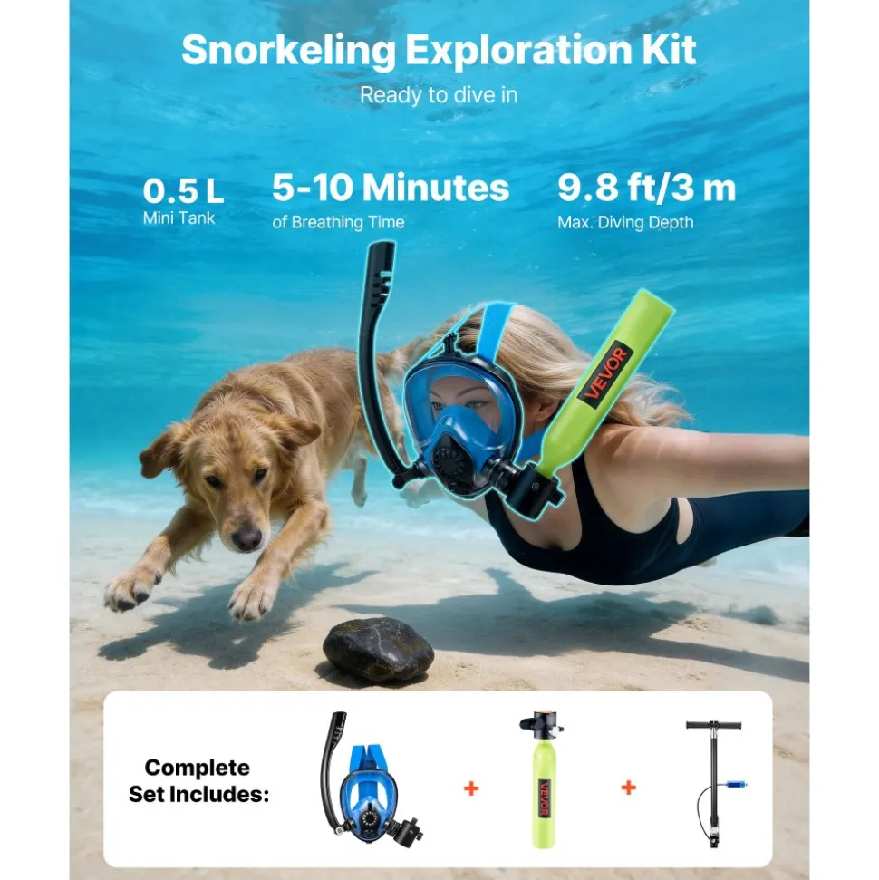 VEVOR Mini Scuba Tank with Sub-Mask, 0.5L Portable Diving Tank for Underwater Breathing, Reusable Lung Diving Cylinder up to 10 Minutes Dive Time, Emergency Rescue Pony Bottle with Pump for Snorkeling