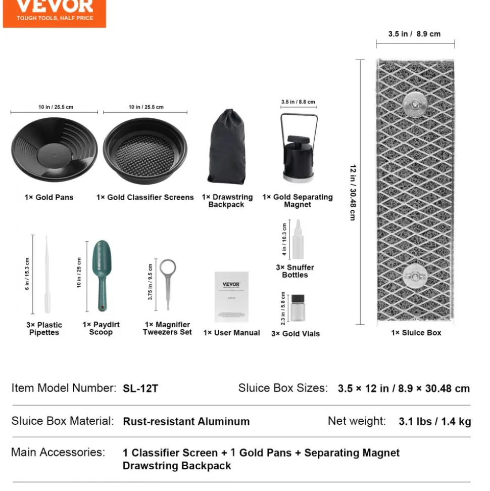 VEVOR Mini Sluice Box Gold Panning Kit, 12inch Aluminum Alloy Gold Mining Equipment, 16 PCS Gold Prospecting Kit with Gold Pan, Separating Magnet, Classifier Screen, Drawstring Backpack and More