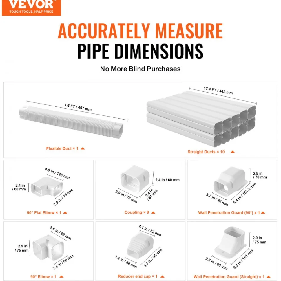 VEVOR Mini Split Line Set Cover 3-inch W 17.7Ft L, PVC Decorative Pipe Line Cover For Air Conditioner with 10 Straight Ducts & Full Components Easy to Install, Paintable for Heat Pumps, White