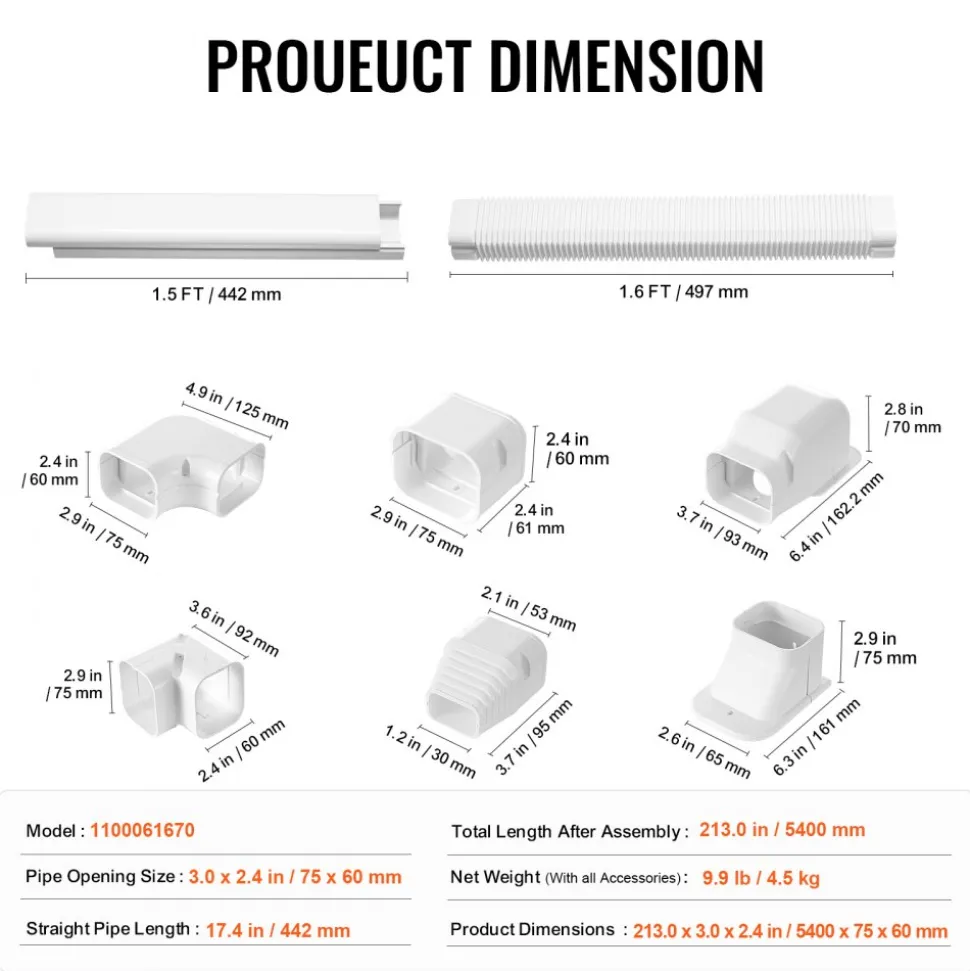 VEVOR Mini Split Line Set Cover 3-inch W 17.7Ft L, PVC Decorative Pipe Line Cover For Air Conditioner with 10 Straight Ducts & Full Components Easy to Install, Paintable for Heat Pumps, White