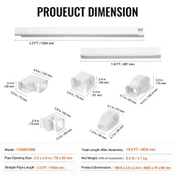 VEVOR Mini Split Line Set Cover 3-inch W 15.8Ft L, PVC Decorative Pipe Line Cover For Air Conditioner with 4 Straight Ducts & Full Components Easy to Install, Paintable for Heat Pumps, White