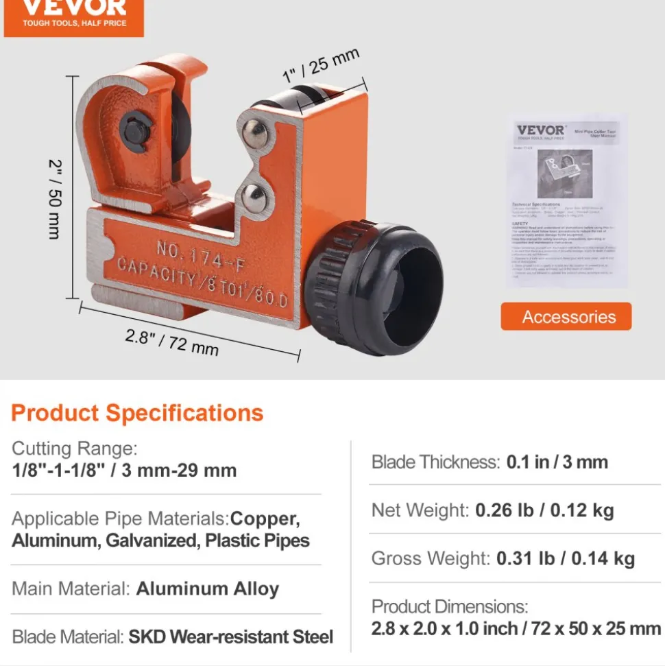 VEVOR Mini Tubing Cutter, 1/8" - 1-1/8" O.D. Mini Copper Pipe Cutter, Heavy Duty Compact Tube Cutter Tool with High-Speed SKD Blade for Copper, Aluminum, Galvanized, Plastic Pipes