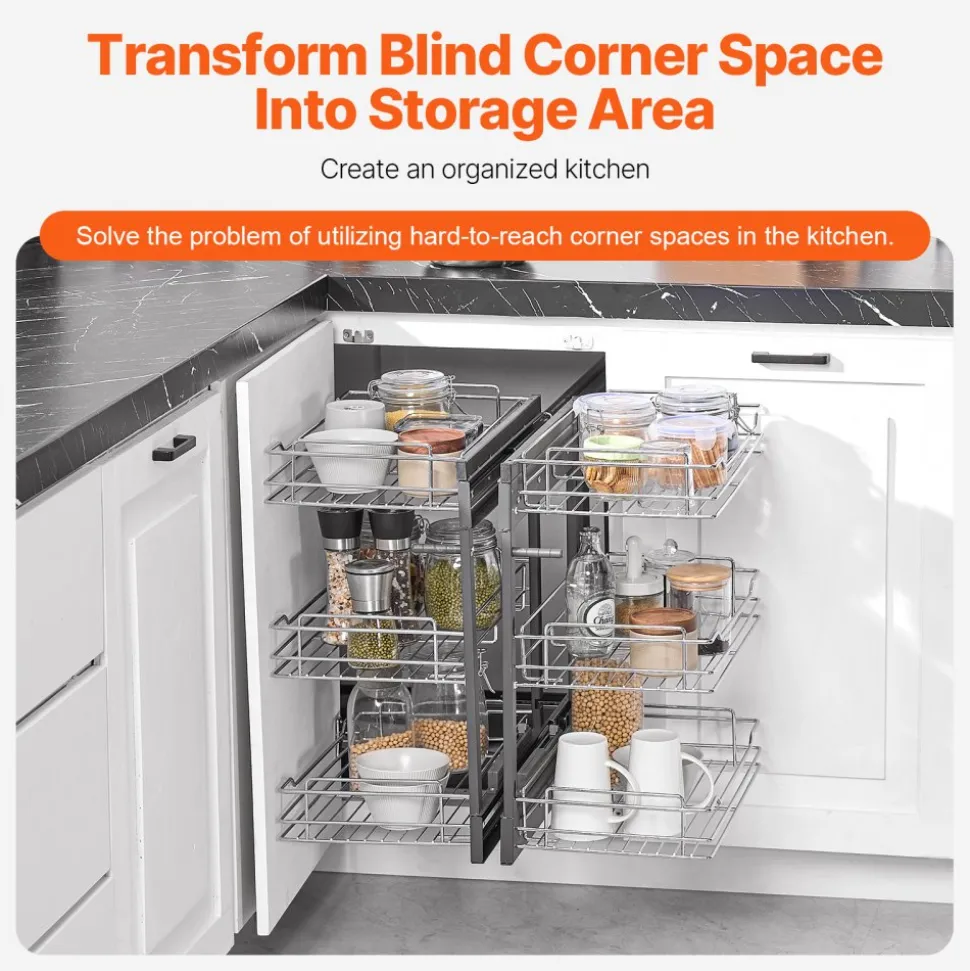 VEVOR Min 15"W Opening Blind Corner Pull Out Organizer, 3 Tier 6 Shelf Kitchen Cabinet Organizer, Chrome Carbon Steel Storage Basket, Slide Out Storage Organizer, Left & Right Open Compatible