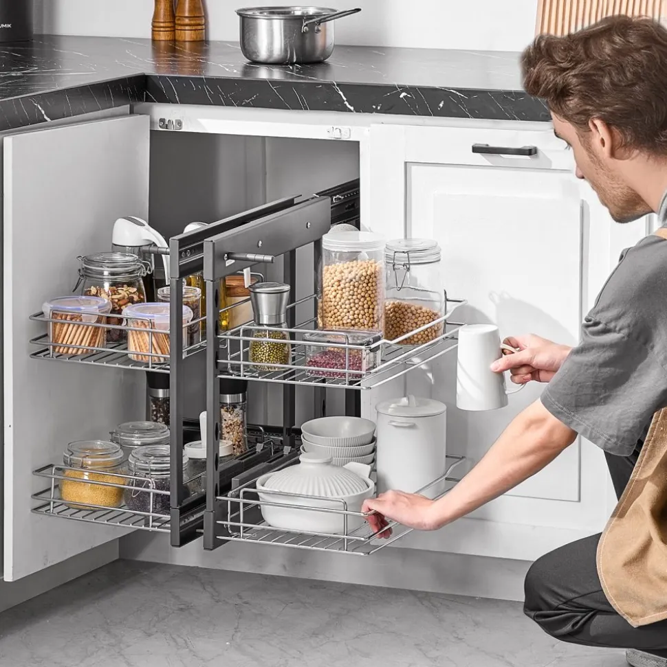 VEVOR Min 15"W Opening Blind Corner Pull Out Organizer, 2 Tier 4 Shelf Kitchen Cabinet Organizer, Chrome Carbon Steel Storage Basket, Slide Out Storage Organizer, Left & Right Open Compatible