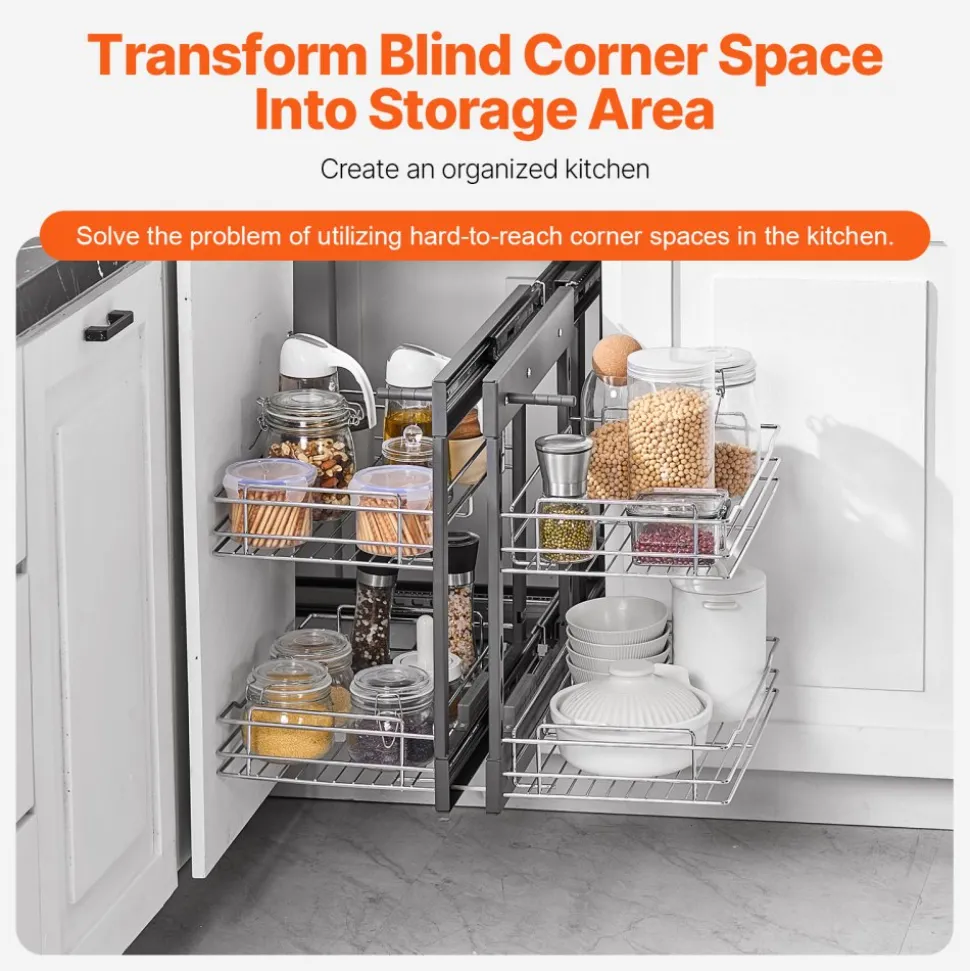 VEVOR Min 15"W Opening Blind Corner Pull Out Organizer, 2 Tier 4 Shelf Kitchen Cabinet Organizer, Chrome Carbon Steel Storage Basket, Slide Out Storage Organizer, Left & Right Open Compatible