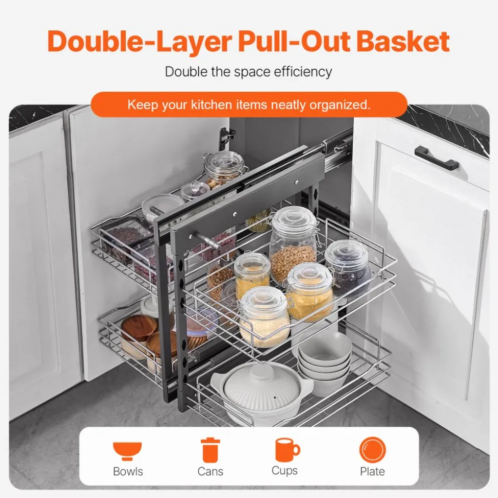 VEVOR Min 15"W Opening Blind Corner Pull Out Organizer, 2 Tier 4 Shelf Kitchen Cabinet Organizer, Chrome Carbon Steel Storage Basket, Slide Out Storage Organizer, Left & Right Open Compatible