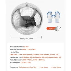 VEVOR Mirror Disco Ball 16 Inch Silver Reflective Ball with Hanging Ring, for Party Home Decoration Stage Props DJ Dance Club, 2 Mirror Tile Sizes, Reflects Light, Large Wedding Music Birthday Decor