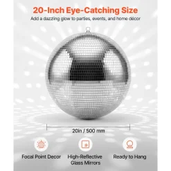 VEVOR Mirror Disco Ball 20 Inch Silver Reflective Ball with Hanging Ring, for Party Home Decoration Stage Props DJ Dance Club, 2 Mirror Tile Sizes, Reflects Light, Large Wedding Music Birthday Decor