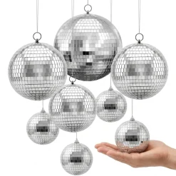 VEVOR Mirror Disco Ball 4" 6" 8" 8-Pack Silver Balls with Hanging Ring, for Party Home Decoration Stage Props DJ Dance Club, 2 Mirror Tile Sizes, Reflects Light, Large Wedding Music Birthday Decor