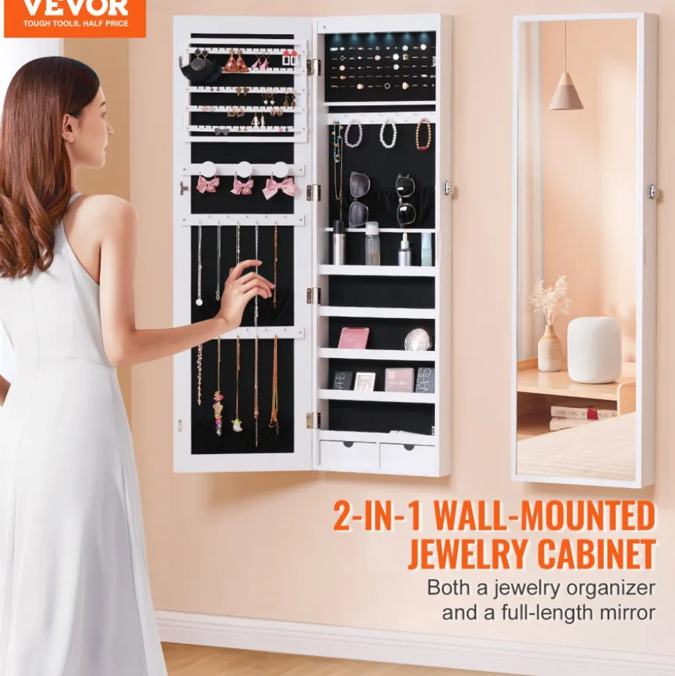 VEVOR Mirror Jewelry Cabinet, 47.05-Inch Tall Lockable Jewelry Cabinet Armoire with Full-Length Mirror, Wall or Door Mounted Jewelry Mirror Organizer with LED Interior Lights and Velvet Lining, White