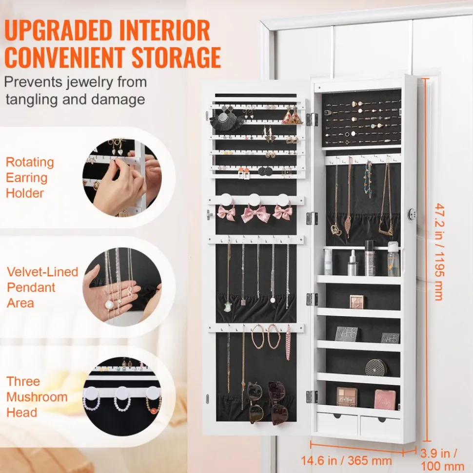 VEVOR Mirror Jewelry Cabinet, 47.05-Inch Tall Lockable Jewelry Cabinet Armoire with Full-Length Mirror, Wall or Door Mounted Jewelry Mirror Organizer with LED Interior Lights and Velvet Lining, White