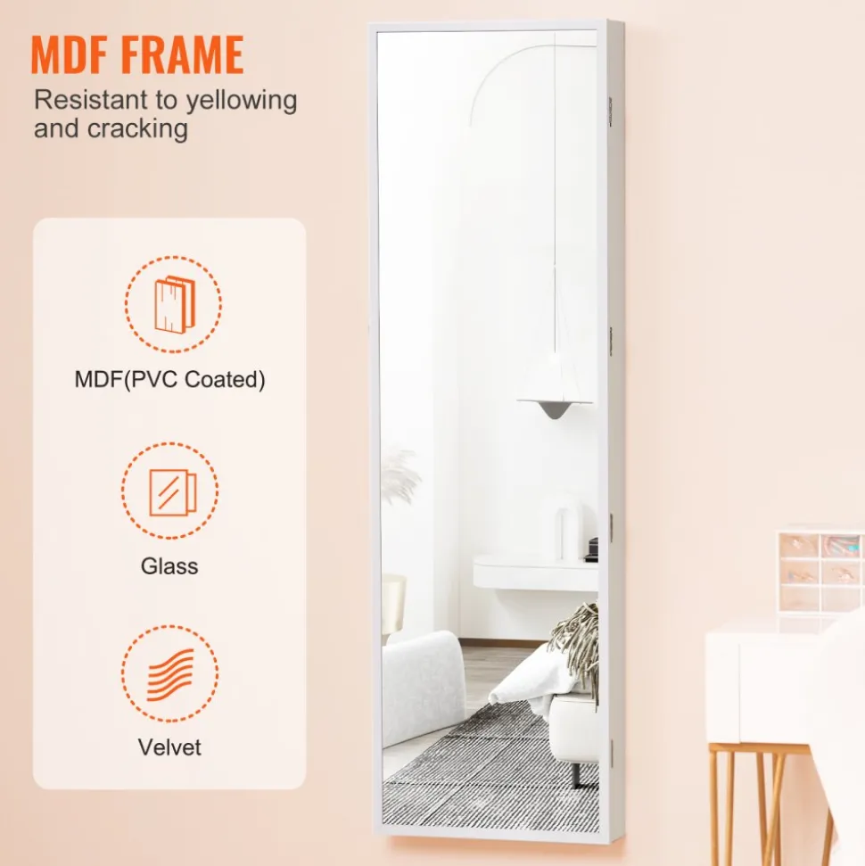 VEVOR Mirror Jewelry Cabinet, 47.05-Inch Tall Lockable Jewelry Cabinet Armoire with Full-Length Mirror, Wall or Door Mounted Jewelry Mirror Organizer with LED Interior Lights and Velvet Lining, White